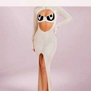 Cutout Long Sleeve Cream Maxi Dress with Contrast Bra Detail